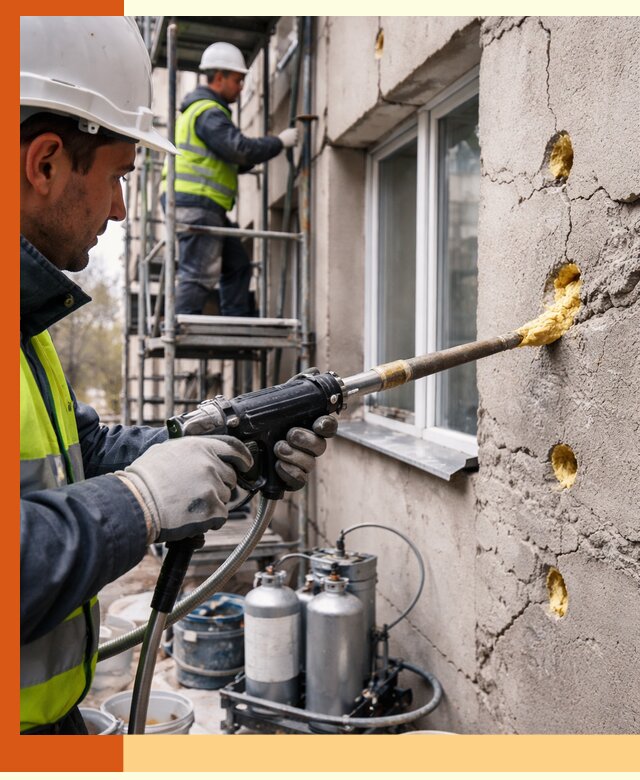 Заполнение пустот в фасаде и утепление стен в Кинешме